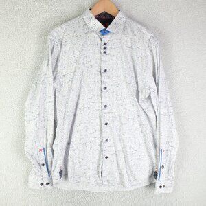 Au Noir Shirt Mens 5 White Blue Button Up Striped Geometric Long Sleeve